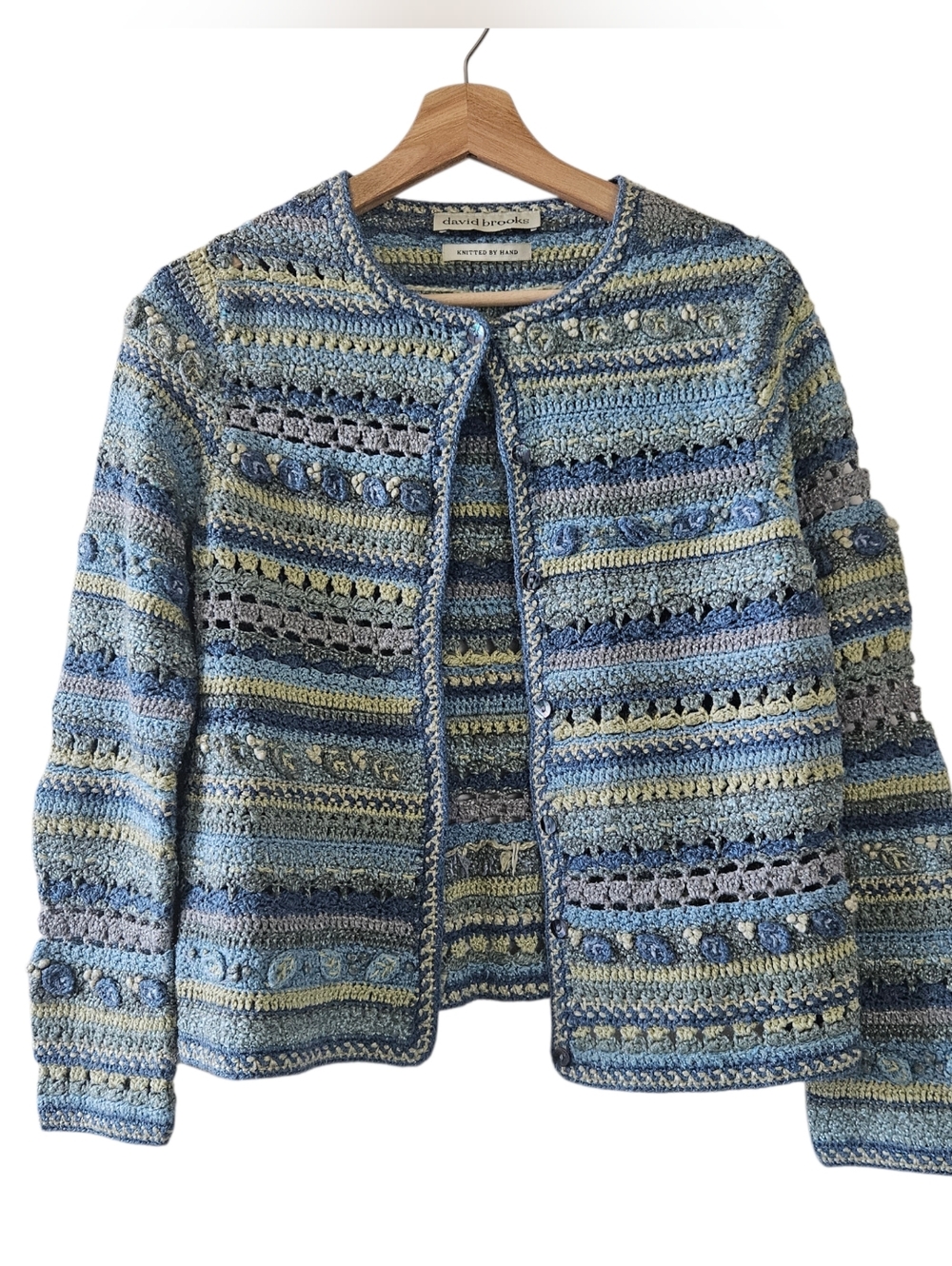David Brooks Hand Knitted Blue And Green Cardigan Modest Grandmacore